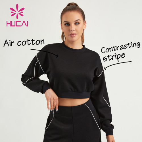 HUCAI ODM Gym Sweatshirts Contrasting Stripe Air Cotton Women Fitness Hoodies