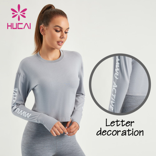 HUCAI ODM Gym Short Sleeves Shirts 100% Cotton Women Gymwear Letter Decoration