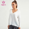 HUCAI Women Gym Shirts V Neck OVERSIZE Pullover Long Sleeves Private Label