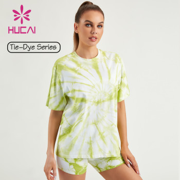 HUCAI OEM 100% Cotton Gym Shirts Tie-Dye OVERSIZE Custom Fashion Short Sleeve
