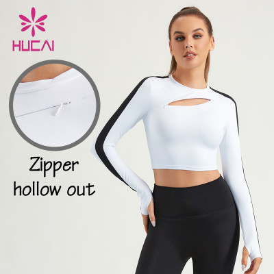 HUCAI ODM Gym Shirts Women Pull-Over Front Diagonal Zipper Long Sleeves Supplier