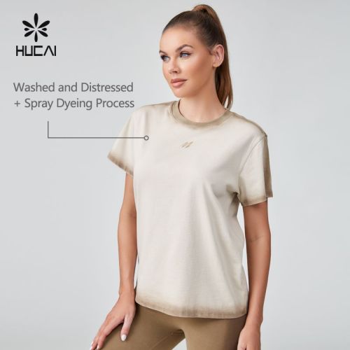 HUCAI OEM Sports T-shirt Washed And Distressed Spray Dyeing Process Sportswear Manufacturer