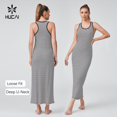 HUCAI OEM Long Dress Cotton And Linen Blended Deep U-neck Sportswear Manufacturer