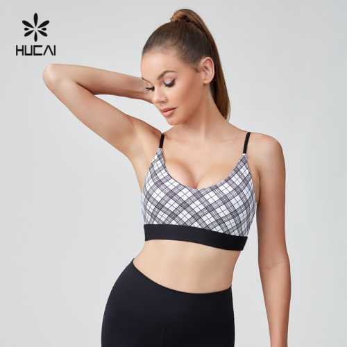 HUCAI Sportswear Manufacturer OEM U Neck Adjustable Plaid Printed Yoga Gym Sports Bra For Women