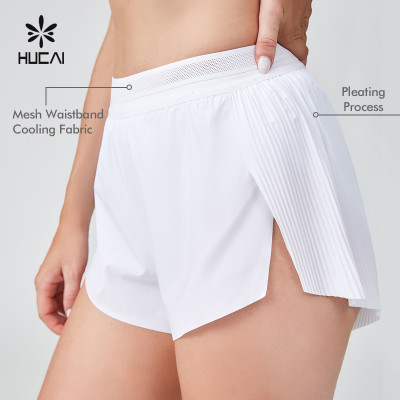 HUCAI Sportswear Manufacturer OEM Ladies Split Hem Pleat Back Mesh Waistband Sports Shorts