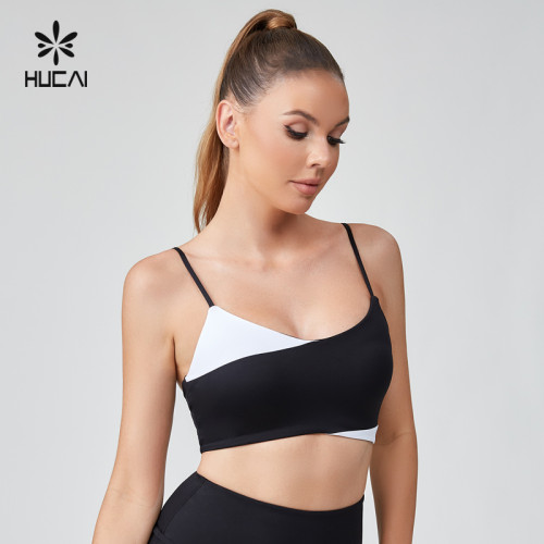 HUCAI Sportswear Manufacturer OEM Sports Bra Black And White Overlap Adjustable Thin Strap Padded