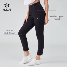 HUCAI Sportswear Manufacturer OEM Sports Leggings Elastic Waist Silk Screen Hidden Zipper Pocket