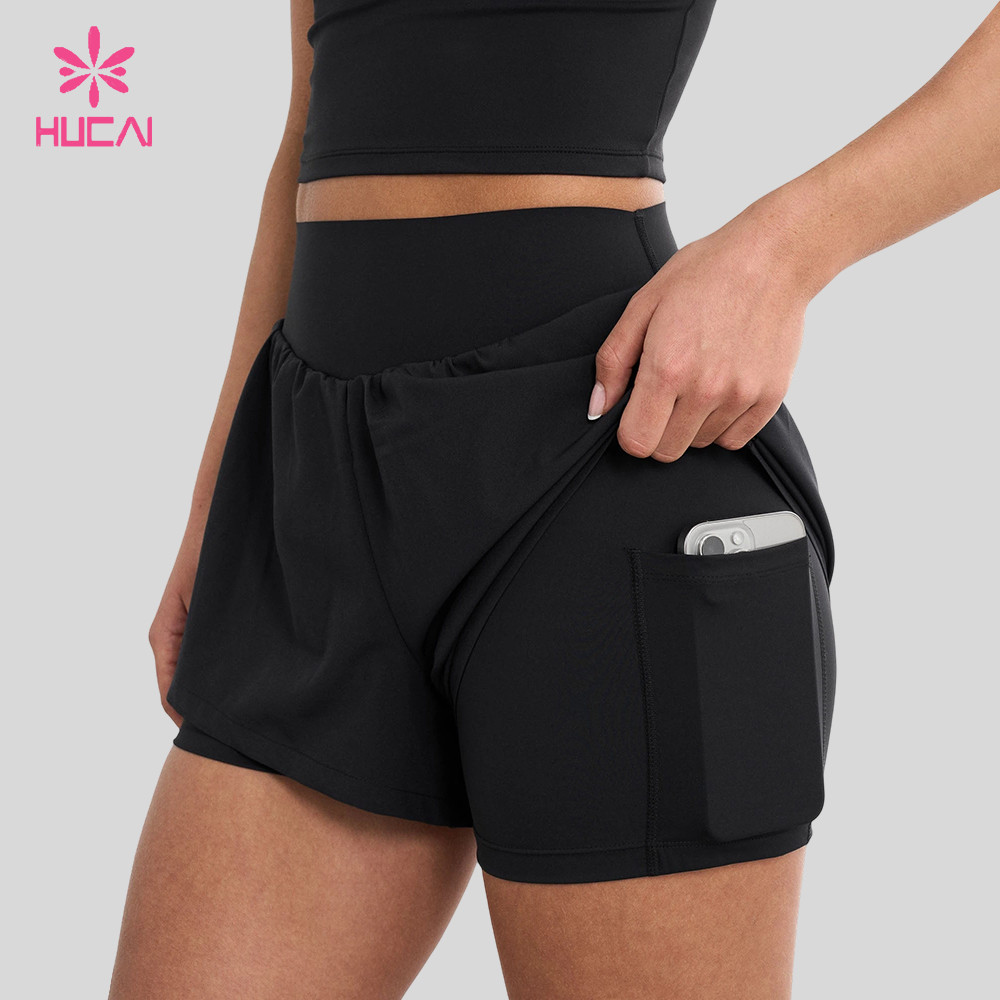 Custom High Waist 2-in-1 Running Shorts with Zip Pocket for Gym Wear Brands - side zip pocket detail