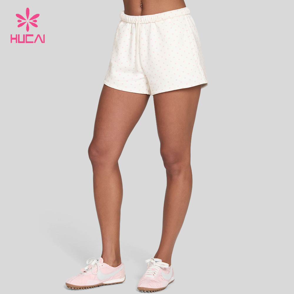 Custom Polka Dot Sweat Shorts with Internal Drawcord for Studio and Lounge Labels - all-over dot print and mid-thigh leg