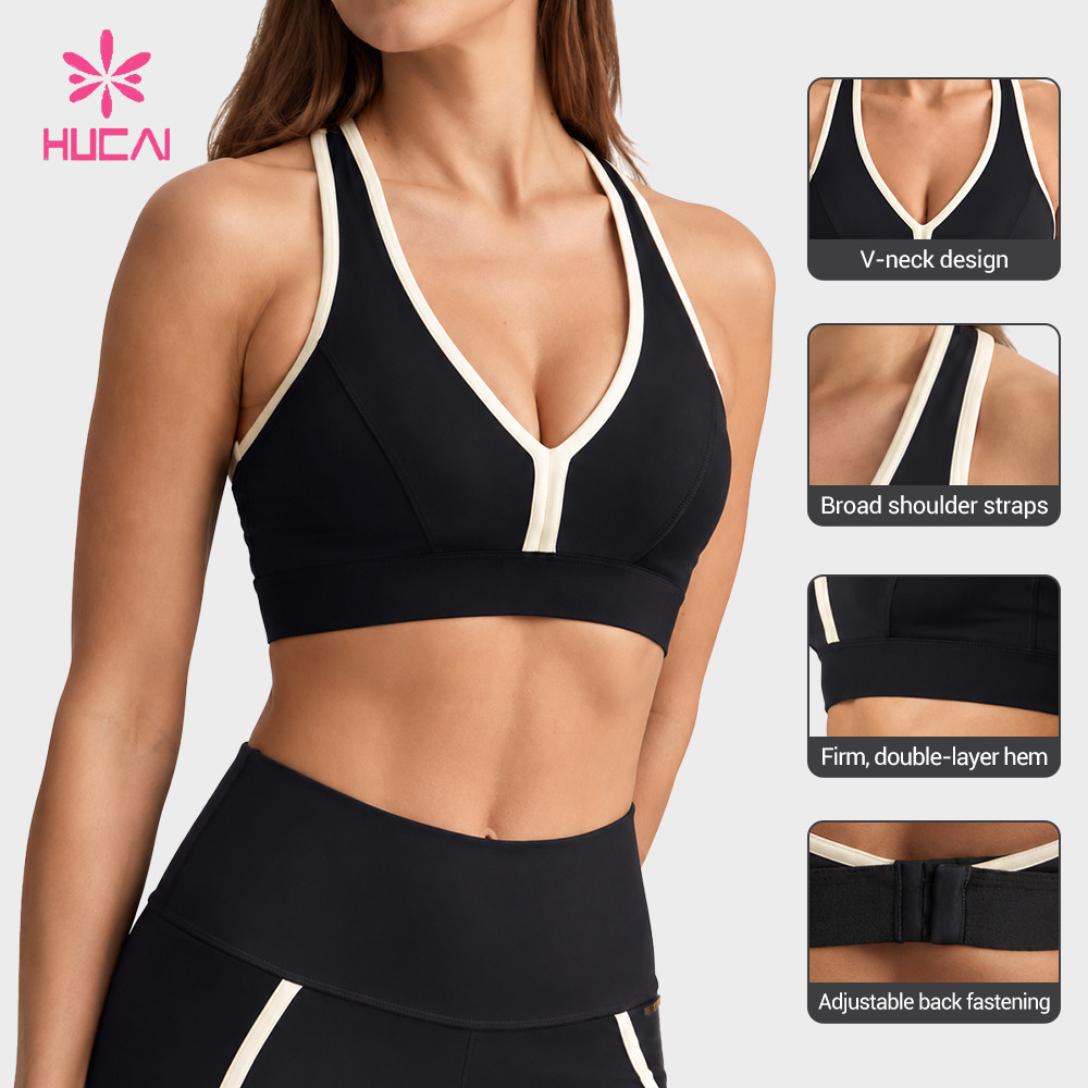 Custom Racerback Sports Bra with Contrast Binding for Gym Wear Brands — Neckline, strap, underband and back fastening details