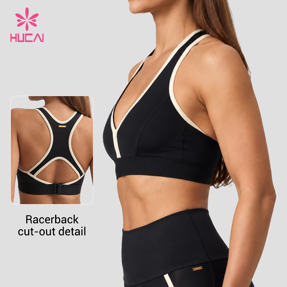 Custom Racerback Sports Bra with Contrast Binding for Gym Wear Brands — Side view showing the racerback cut-out