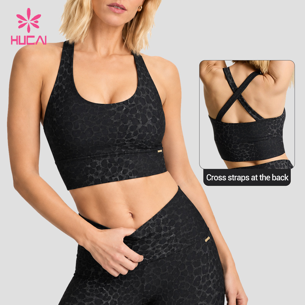 Custom Leopard Print Sports Bra with Cross Back Straps for Activewear Labels — Side view with the cross back straps shown in detail