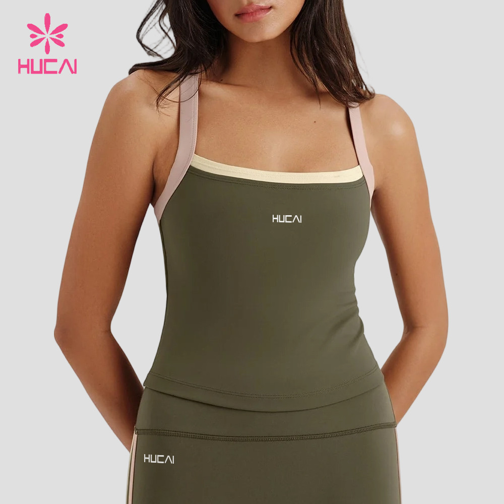 Custom Square Neck Longline Tank Top with Cross Back for Gym Labels — Olive colourway with contrast straps