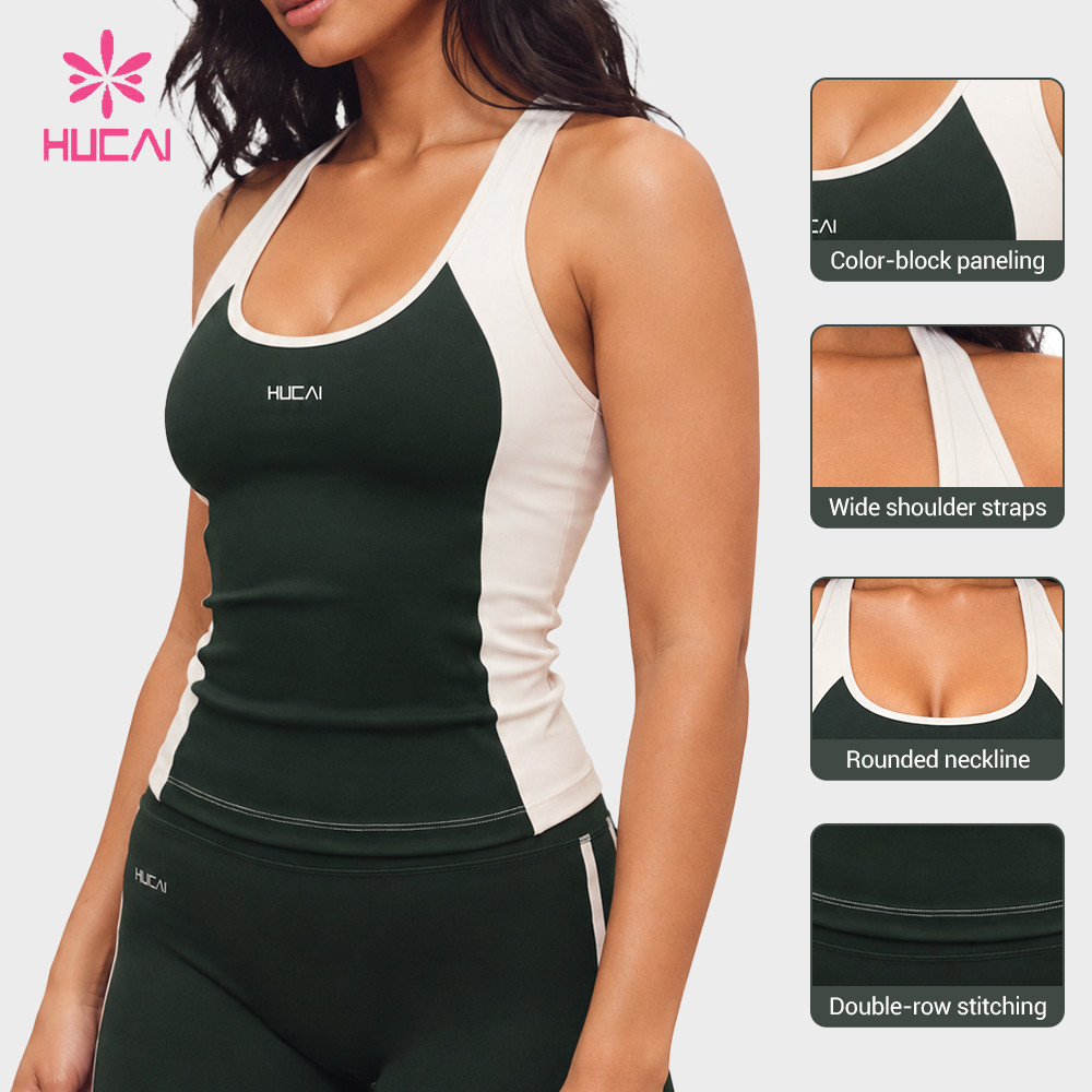 Custom Color Block Racerback Tank Top with Double-Row Stitching for Gym Labels — Panelling, neckline and stitching details