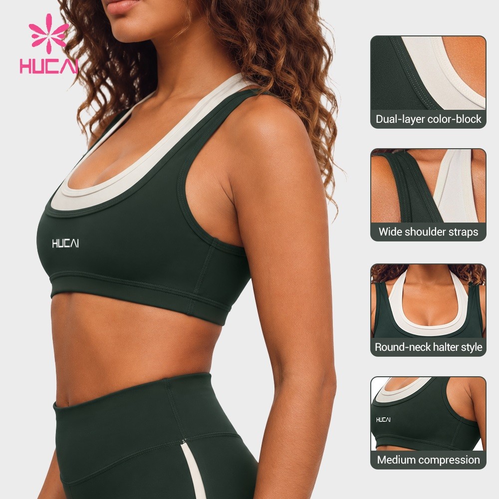 Custom Dual-Layer Halter Sports Bra with Deep U-Back for Private Label Brands — Two-layer neckline, strap and neckline details