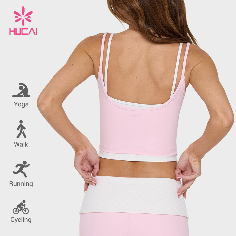 Custom Double-Layer Scoop Neck Tank Top with Polka Dot Underlayer for DTC Brands — Back view with the low square back
