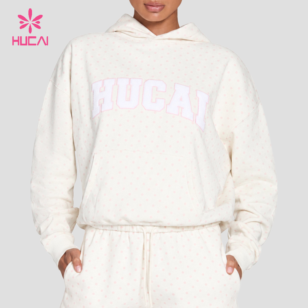 Custom Oversized Polka Dot Hoodie with Dropped Shoulder for Gym Wear Brands - all-over dot print across body sleeves and hood