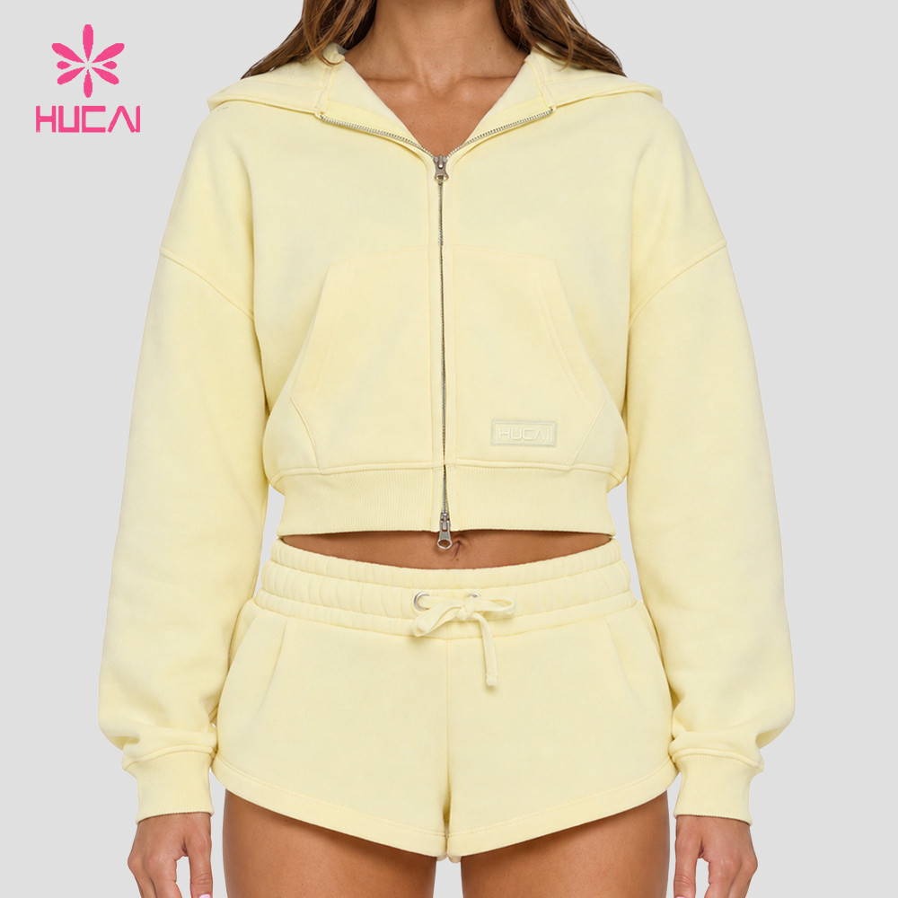 Custom Cropped Zip-Up Hoodie with Dual Front Pockets for Athleisure Brands - sorbet yellow colourway
