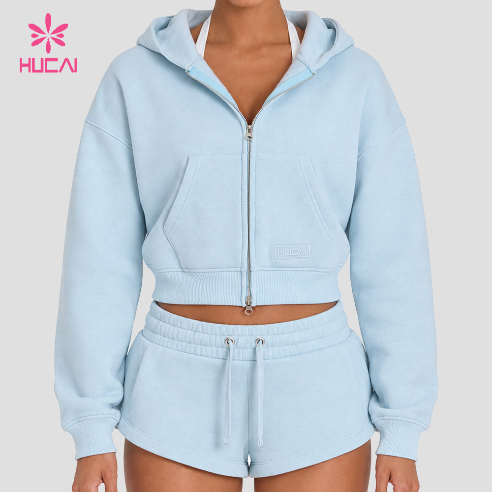 Custom Cropped Zip-Up Hoodie with Dual Front Pockets for Athleisure Brands - sorbet blue colourway