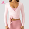 Custom Long Sleeve Wrap Training Top with Self-Tie Waist for Gym Labels