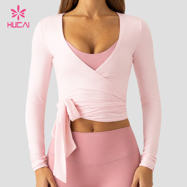 Custom Long Sleeve Wrap Training Top with Self-Tie Waist for Gym Labels