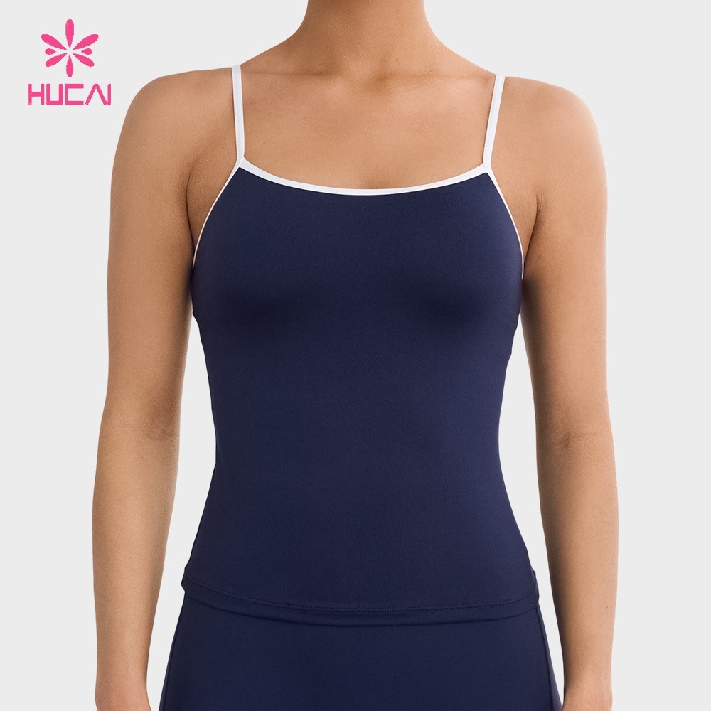 Custom Spaghetti Strap Camisole with Built-In Bra and Contrast Trim for Gym Labels - navy colourway front view