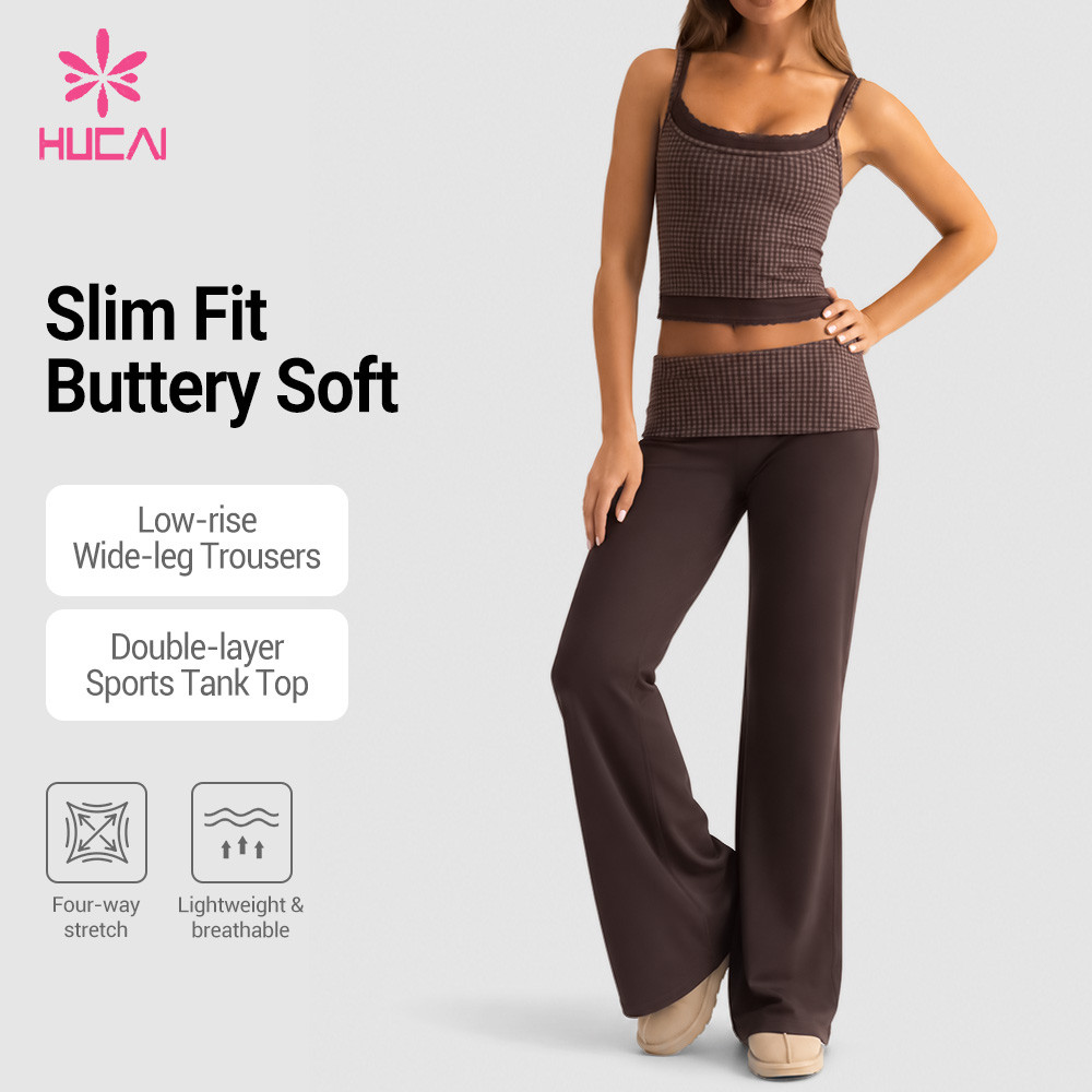 Custom Double-Layer Check Tank Top and Wide Leg Pants Set for Gym Labels - full look with the low-rise wide leg trouser