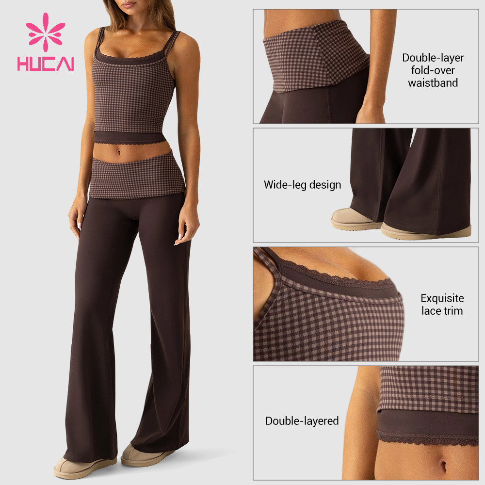Custom Double-Layer Check Tank Top and Wide Leg Pants Set for Gym Labels - double-layer fold-over waistband, wide leg and lace trim