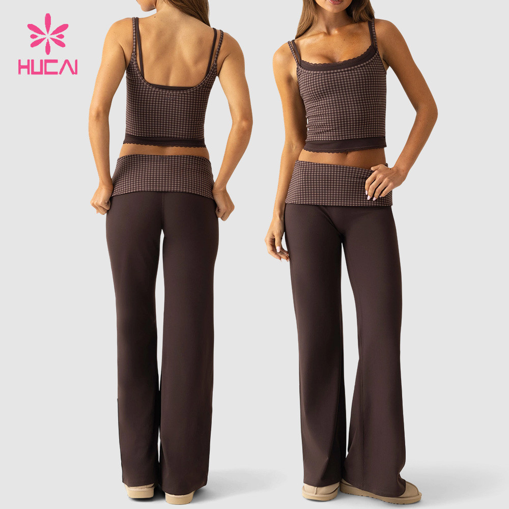 Custom Double-Layer Check Tank Top and Wide Leg Pants Set for Gym Labels - chocolate check colourway, back and front views