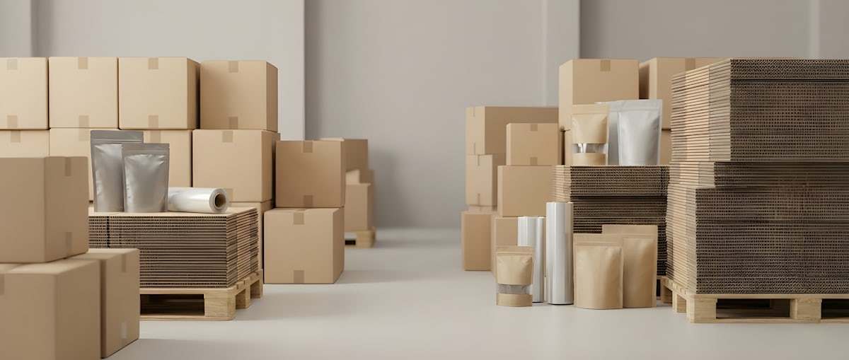 Packaging materials and boxes in a warehouse