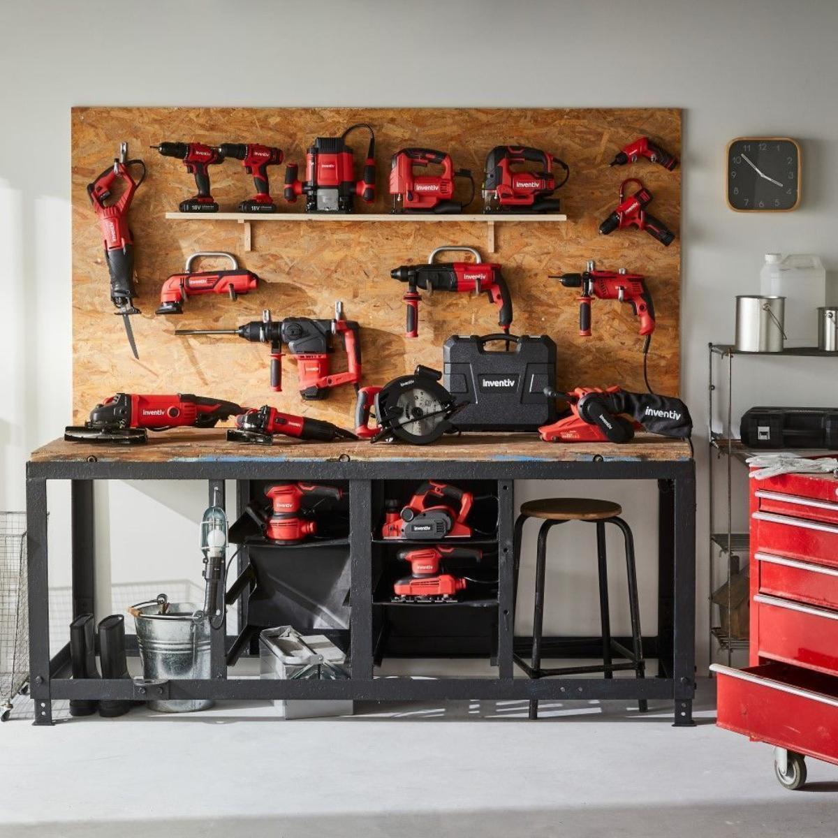 Power tools and accessories arranged in a workshop environment