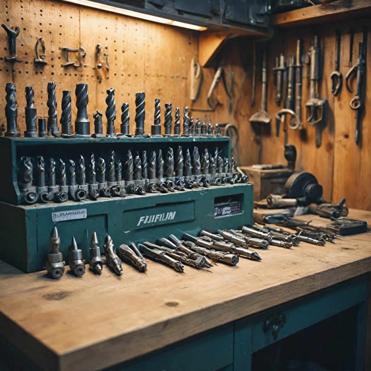 Drill bits organized in a workshop rack