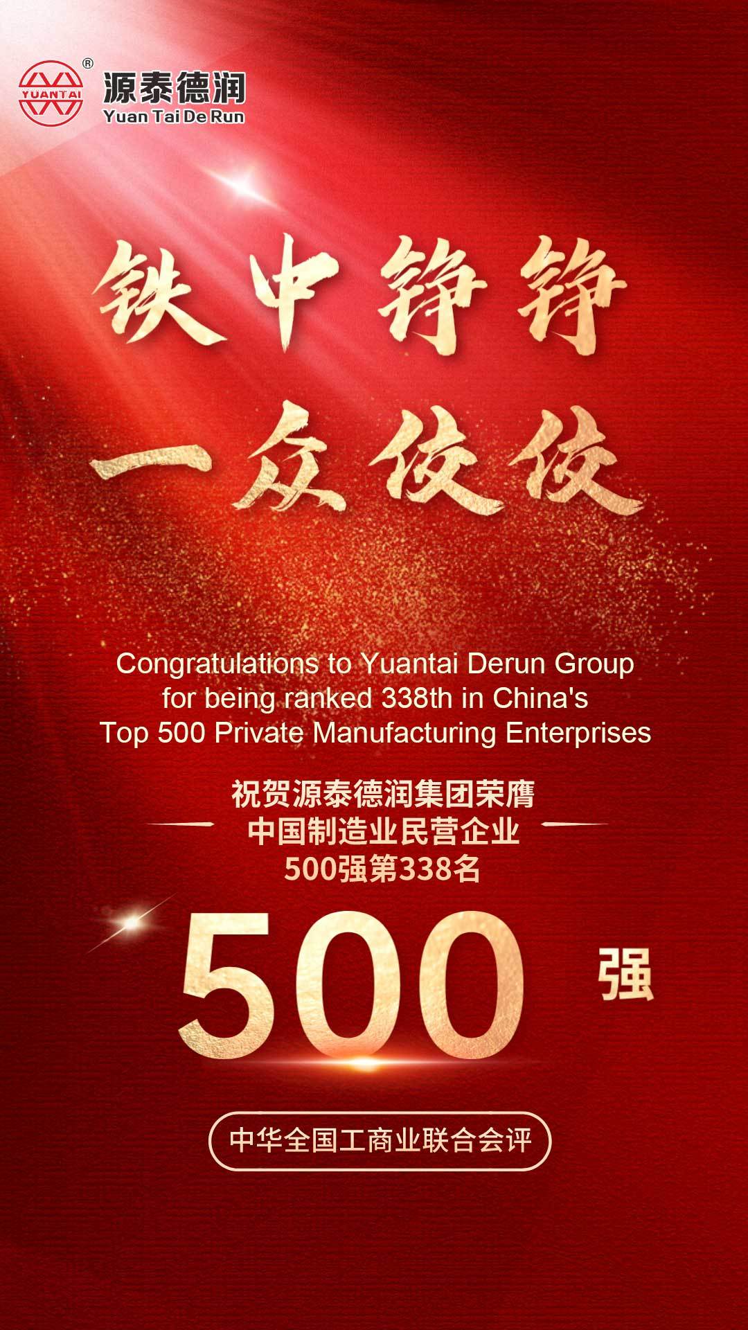 Congratulations to Tianjin Yuantai Derun Group on being awarded the top 500 private manufacturing companies in China