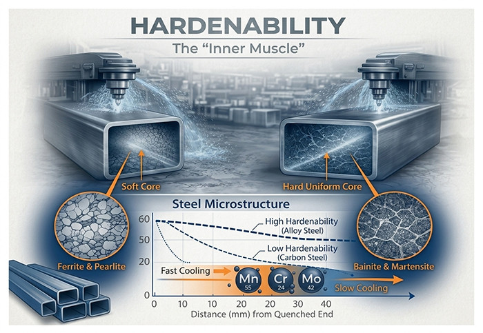Hardenability comparison in structural steel tubes showing Jominy curves and microstructure