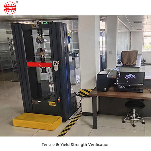 Universal testing machine performing high-precision tensile strength and mechanical property analysis on a steel specimen in the laboratory