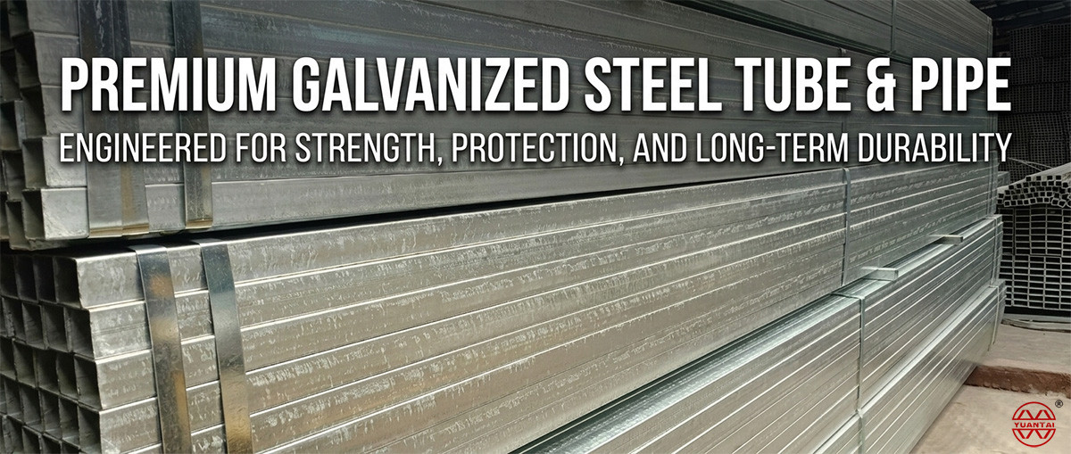 Hot-dip galvanized steel tubes and square hollow sections stacked in warehouse