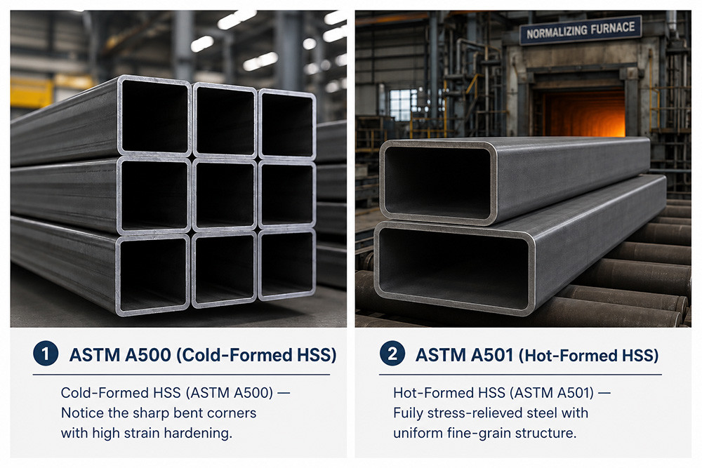 Side-by-side comparison of ASTM A500 cold-formed HSS and ASTM A501 hot-formed HSS showing corner geometry and finished structural steel tubes.