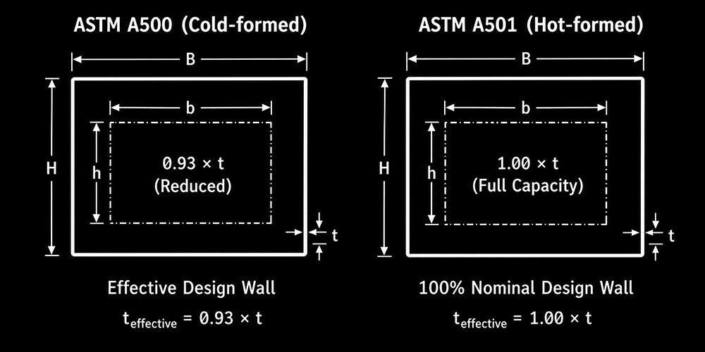AISC 360 diagram comparing effective design wall thickness of ASTM A500 cold-formed HSS and ASTM A501 hot-formed HSS.