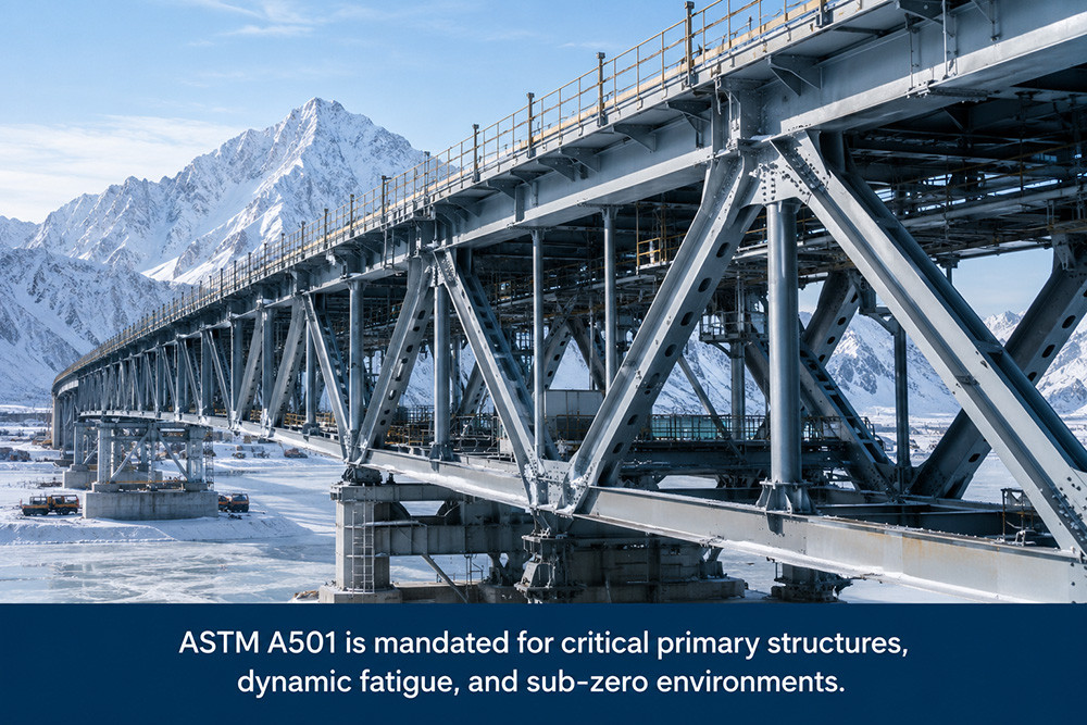 Heavy-duty steel truss bridge in sub-zero alpine environment showcasing ASTM A501 hot-formed structural steel tubing applications.