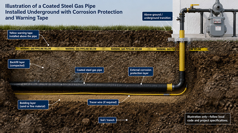 Illustration of a coated steel gas pipe installed underground with external corrosion protection, warning tape, bedding, backfill, and an above-ground transition