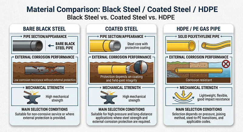 Comparison of bare black steel, coated steel, and HDPE pipe for underground gas applications