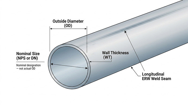 Key Dimensions of ERW Steel Pipe Outside Diameter (OD), Wall Thickness (WT), and Nominal Size (NPS DN)