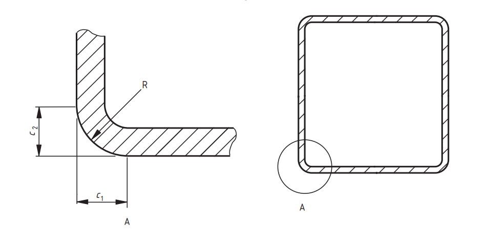 R corner of steel rectangular tube