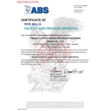 Congratulations to Tianjin Yuantai Derun Steel Pipe Manufacturing Group for achieving American Bureau of Shipping (ABS) certification.