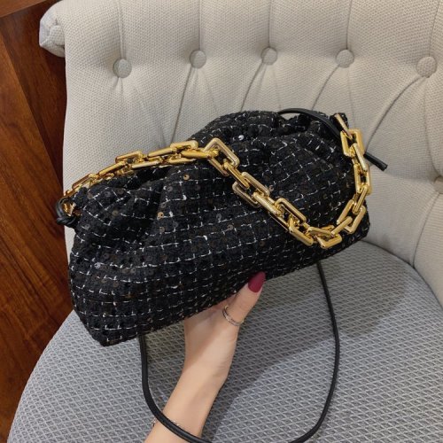 Fashion Chain Strap Delicate Sequins Grid Woolen Handbag Women Tote Bags