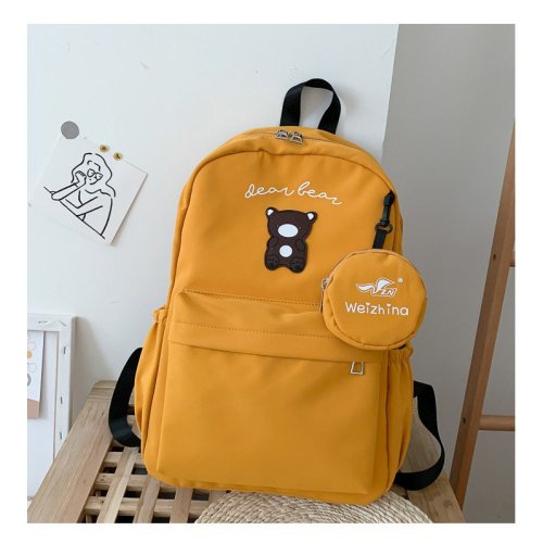 Pure color with bear pattern Waterproof canvas teen students school bag