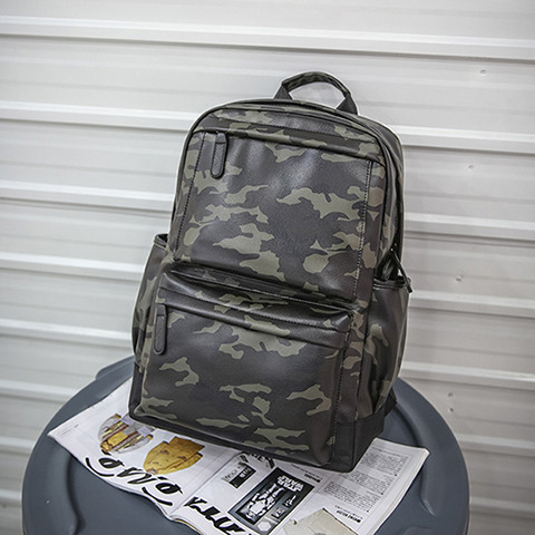Supplier wholesale travel leisure camouflage PU leather waterproof laptop USB charging backpack