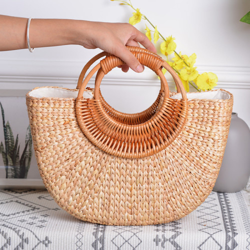 Autumn Winter straw bag women wood handle leisure bags