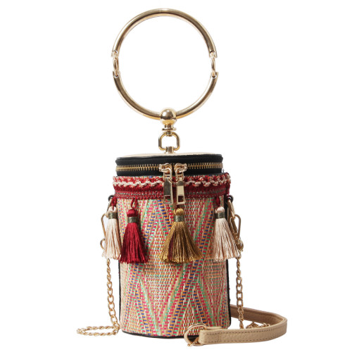 Wholesale vintage lady straw clutch bags colorful cylindrical lady fashion bags crossbody bag