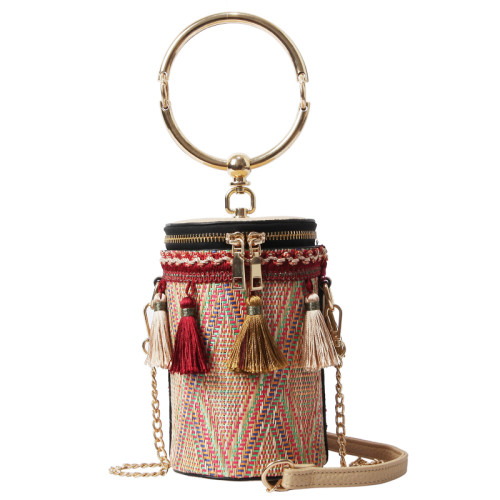 Wholesale vintage lady straw clutch bags colorful cylindrical lady fashion bags  crossbody bag